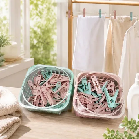 Clothespins Set With Storage Basket Windproof Plastic Laundry Drying Pegs For Socks Underwear Clothes Hanger Pin
