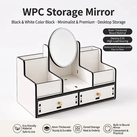 Boîte de Rangement Maquillage Bureau Avec Miroir de Maquillage Double Tiroir PVC Organisateur de Bijoux Étanche Blanc