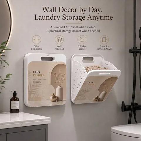 Wall-Mounted Folding Laundry Basket Space Saving Large Capacity Dirty Clothes Storage Bin Decorative Bathroom Organizer