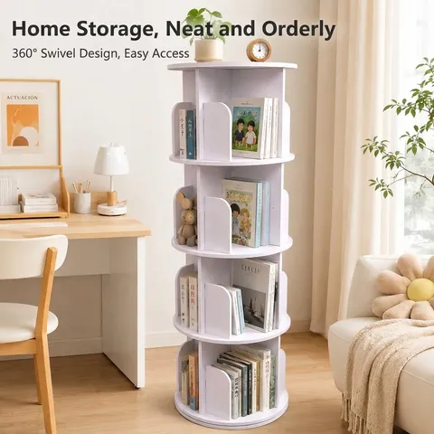 Rotating Children Bookshelf White Multi-Tier Floor Standing Storage Rack 360 Degree Revolving Picture Book Cabinet For Living Room Kids Bedroom
