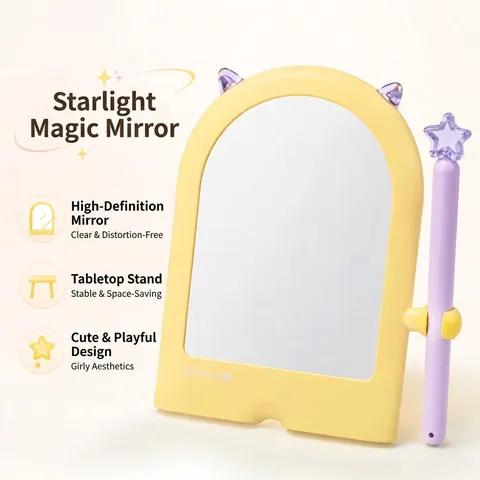 Cute Arch Desktop Makeup Mirror With Cat Ears Star Magic Wand Portable Standing Vanity Mirror For Dorm Office Bedroom Women