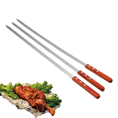 Edelstahl Grillspieße Holzgriff Lang Flach Barbecue Spieß Wiederverwendbare Metall Kabob Spieße Für Outdoor Grillen Camping
