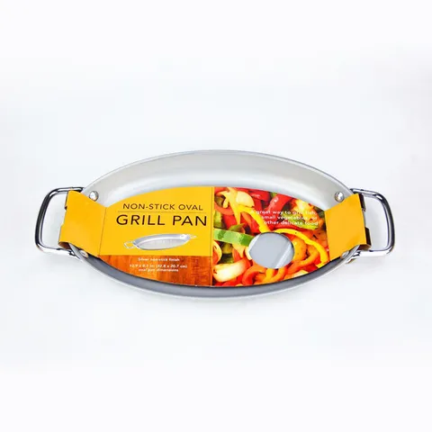 Non-stick Stainless Iron Oval Grill Pan With Double Handles Ridged Bottom For Outdoor BBQ Fish Seafood Vegetables Grilling