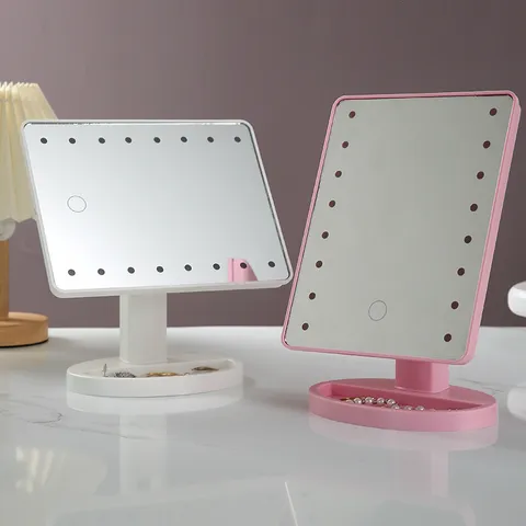 LED Makeup Mirror With Light Touch Screen Desktop Storage Base Folding Portable Vanity Mirror For Women Students Dormitory