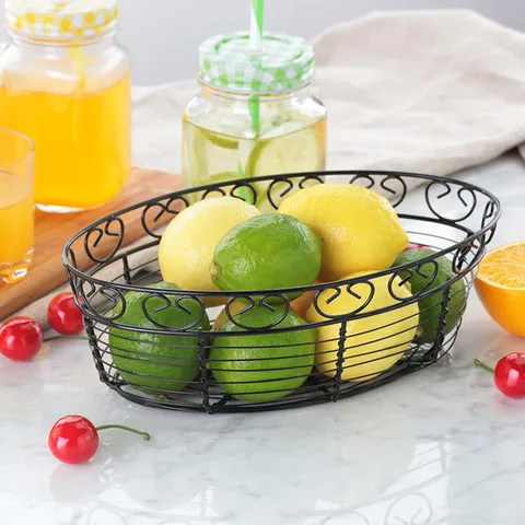 Europese Stijl IJzerdraad Fruitmand Hart Patroon Zwart Metaal Brood Opbergmand Voor Keuken Tafel Bureau Organisatie