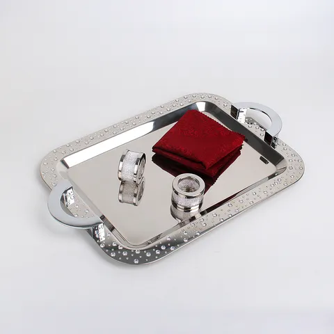 Luxury Thickened Stainless Steel Rectangular Tray With Rhinestone Handles High-End Hotel Buffet Fruit Cake Mirror Polish Serving Tray