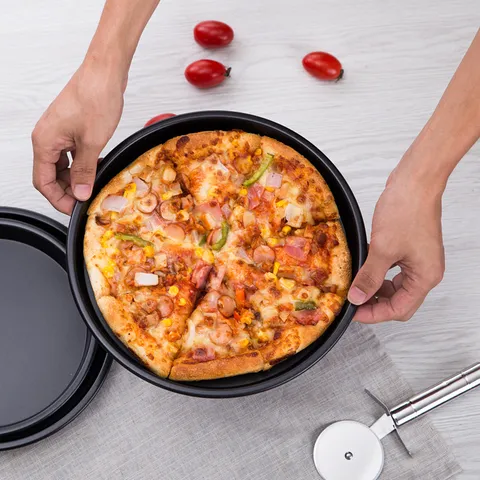 Non-Stick Carbon Steel Pizza Pan Set Round Baking Tray Black Pizza Oven Dish Tray Ovenware Baking Mold Tool Kitchen Accessories