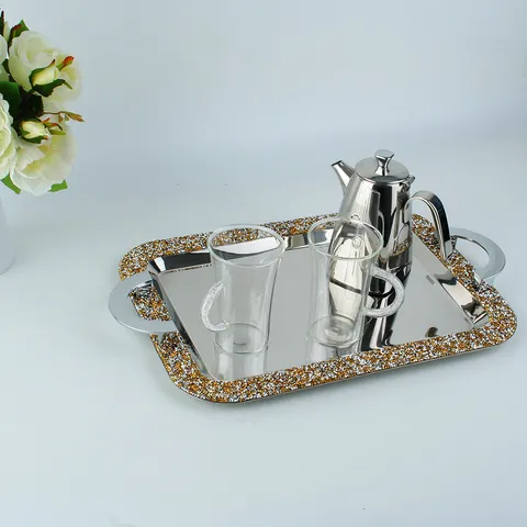 Luxury Thickened Stainless Steel Rectangular Tray With Rhinestone Handles High-End Hotel Buffet Fruit Cake Mirror Polish Serving Tray