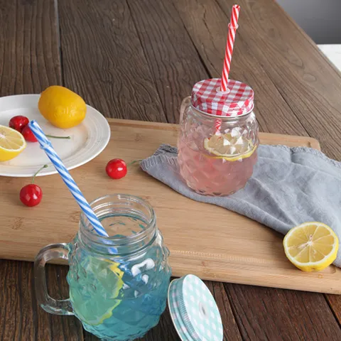 Kreativer Glasbecher In Ananasform Mit Deckel Und Strohhalm Handgeblasener Mason Jar Transparenter Trinkbecher Für Saft Soda Wasser