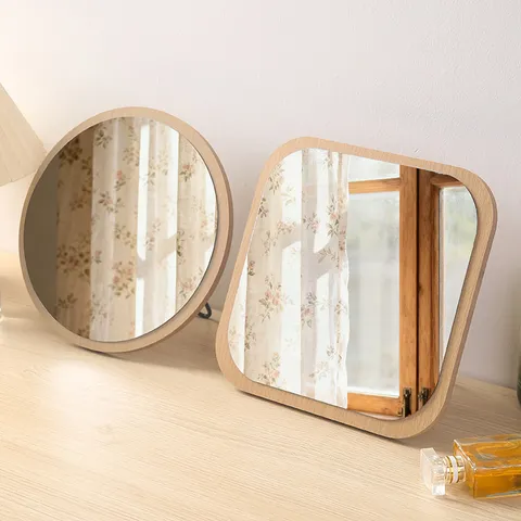 Espejo de Maquillaje de Madera de Sobremesa Minimalista Giratorio Redondo Cuadrado Marco de Madera Maciza Espejo de Tocador de Mesa de Alta Definición Para Dormitorio