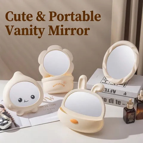 Cute Cartoon Desktop Makeup Mirror For Students Dorm Home Bedroom HD Glass Cosmetic Mirror With Integrated Storage Base Stand Or Wall Hanging