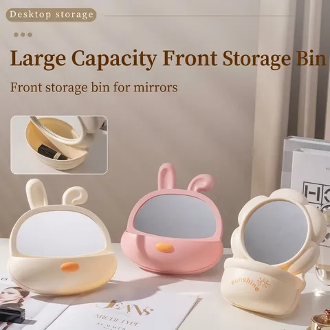 Cute Cartoon Desktop Makeup Mirror For Students Dorm Home Bedroom HD Glass Cosmetic Mirror With Integrated Storage Base Stand Or Wall Hanging