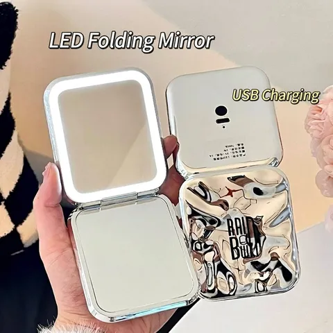Portable LED Makeup Mirror Electroplated Silver Foldable Double Sided Handheld Pocket Mirror Mini Lighted Cosmetic Mirror