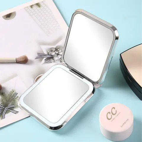 Portable LED Makeup Mirror Electroplated Silver Foldable Double Sided Handheld Pocket Mirror Mini Lighted Cosmetic Mirror