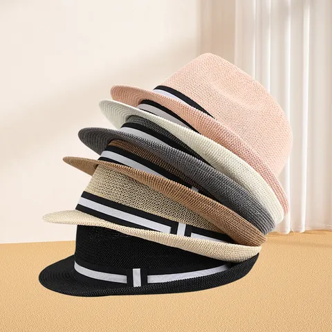 Unisex Summer Breathable Paper Straw Fedora Hat British Style Roll Edge Sunshade Beach Jazz Hat With Decorative Band For Men Women