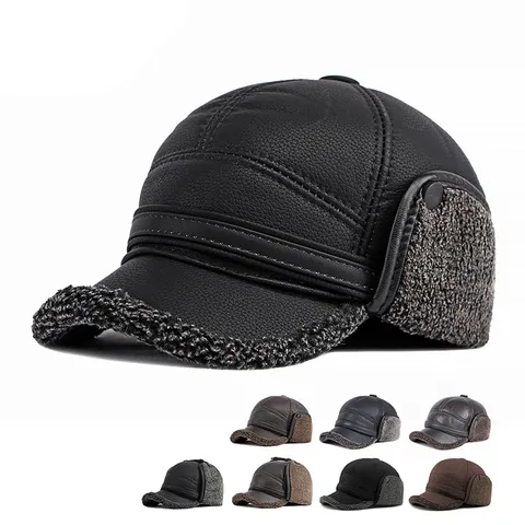 Men's Winter PU Leather Baseball Cap With Ear Flaps Thickened Warm Velvet Lined Hat For Middle-Aged Elderly Windproof Outdoor Cap