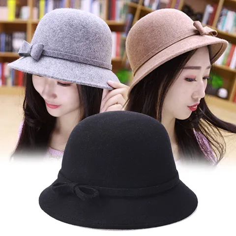 Women Wool Blend Cloche Hat Bow Decoration Elegant British Vintage Round Top Warm Felt Fedora Hat For Autumn Winter