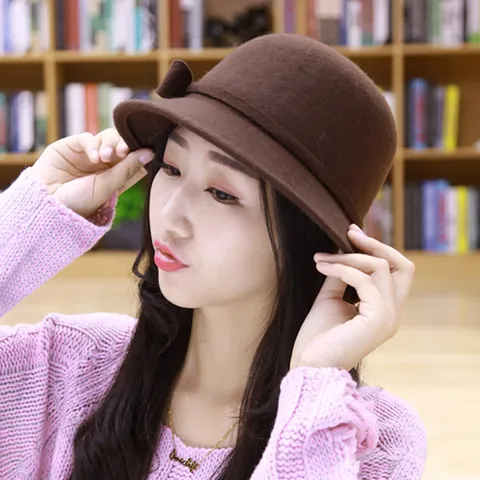 Women Wool Blend Cloche Hat Bow Decoration Elegant British Vintage Round Top Warm Felt Fedora Hat For Autumn Winter