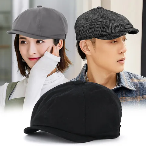 Vintage British Style Cotton Newsboy Cap For Men And Women Solid Color Eight-Panel Painter Hat Retro Beret Adjustable Cabbie Cap