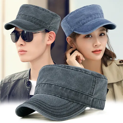 Washed Cotton Retro Cadet Cap For Men Big Head Circumference Adjustable Soft Top Flat Top Hat Outdoor Sunshade Military Hat