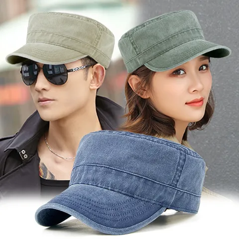 Washed Cotton Retro Cadet Cap For Men Big Head Circumference Adjustable Soft Top Flat Top Hat Outdoor Sunshade Military Hat