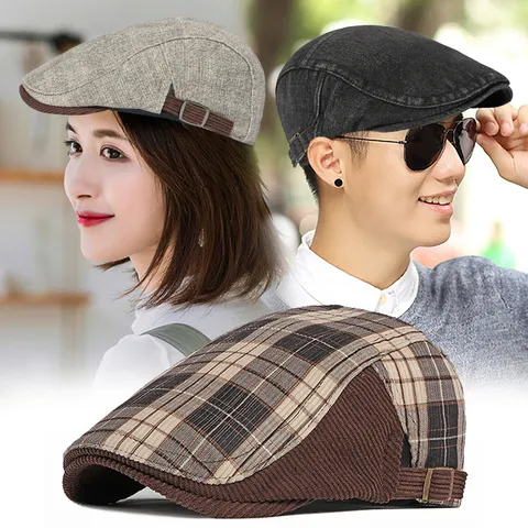 Vintage Britse Stijl Geruite Baret Voor Dames Heren Herfst Winter Warme Katoen Polyester Platte Pet Verstelbare Newsboy Cap