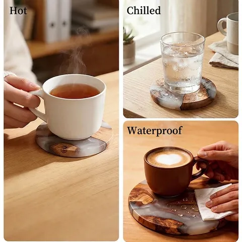 Round Wood Resin Coaster Heat Resistant Insulated Cup Mat Table Decoration For Coffee Tea Handmade Natural Texture