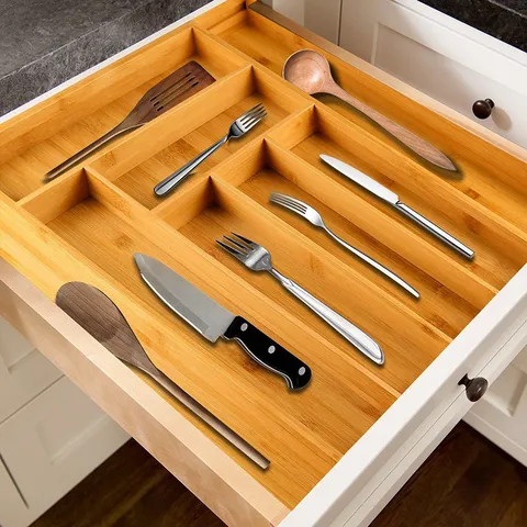 Organizador De Cajones De Cocina Extensible De Bambú Bandeja Para Cubiertos Divisor De Cubiertos Para Utensilios Herramientas Estilo Madera Natural Hogar