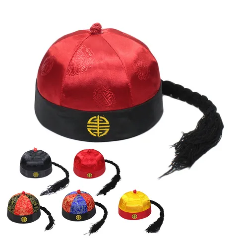 Chinese Traditional Retro Landlord Hat With Braid Qing Dynasty Costume Prop For Kids Adults Polyester Embroidered Hat