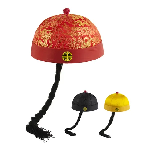 Chinese Traditional Retro Landlord Hat With Braid Qing Dynasty Costume Prop For Kids Adults Polyester Embroidered Hat