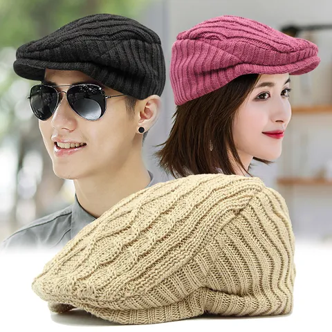 Vintage Knitted Beret Hat For Men Women Winter Warm Newsboy Cap British Style Cable Knit Padded Peak Cap Outdoor Daily Fashion Accessory