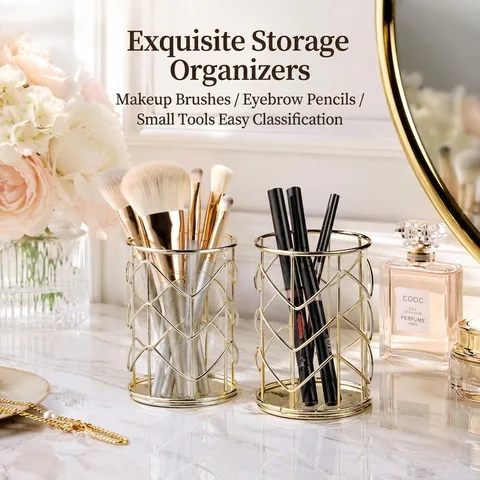 Nordic Style Metal Iron Pen Holder Makeup Brush Storage Bucket Desktop Stationery Organizer Round Hexagonal Gold Rose Gold