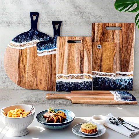 Handmade Acacia Wood Ocean Wave Resin Cutting Board Epoxy Resin Beach Pattern Serving Tray Charcuterie Board Home Kitchen