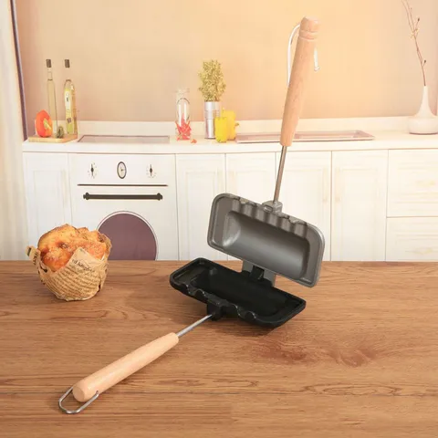 Double Sided Sandwich Maker Non Stick Frying Pan Aluminum Toast Bread Breakfast Mold Wooden Handle Gas Induction Cooker
