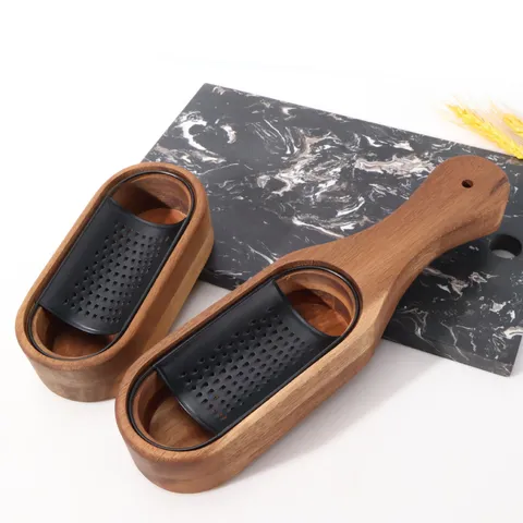 Stainless Steel Cheese Grater With Acacia Wood Storage Box Multi Functional Vegetable Shredder Zester Kitchen Manual Grinding Tool
