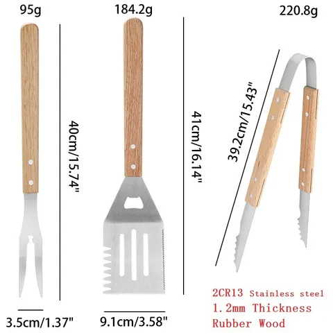 Stainless Steel BBQ Grilling Tool Set With Oak Wood Handle Outdoor Cooking Spatula Meat Fork Food Tongs Camping Utensils
