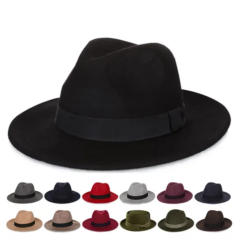 Vintage Wool Blend Wide Brim Fedora Hat British Style Jazz Cowboy Hat Warm Felt Gentleman Hat For Men Women Autumn Winter