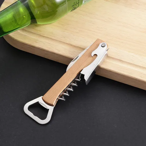 Multifunctioneel Beukenhout Roestvrij Staal Kelnersmes Flesopener Houten Handvat Wijn Bier Opener Foliesnijder Bar Gereedschap