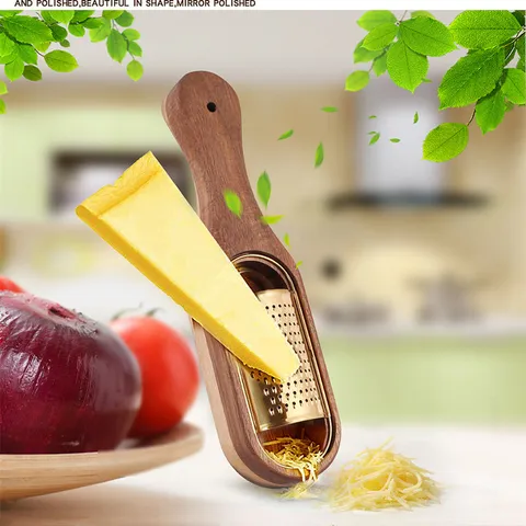 Gold Titanium Plated Stainless Steel Cheese Grater With Acacia Wood Storage Base Manual Manual Food Grater Kitchen Shredder Tool