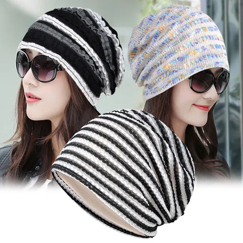 Damen Vintage Gestreifte Beanie Mütze Atmungsaktiv Doppellagig Farbblock Slouch Skullcap Weiche Baumwollmischung Turban Hut Für Frühling Sommer Alltag