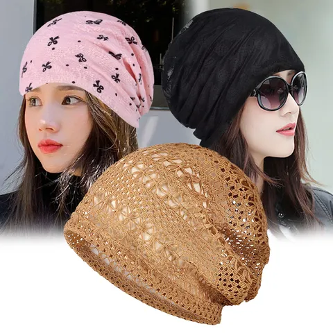 Women's Lace Mesh Slouchy Beanie Hat Thin Breathable Hollow Out Skull Cap For Sun Protection Postpartum Confinement Fashion Headwear