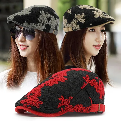 Women Vintage Knitted Jacquard Floral Beret Hat Autumn Winter Warm Adjustable Flat Cap Fashion Painter Hat For Lady