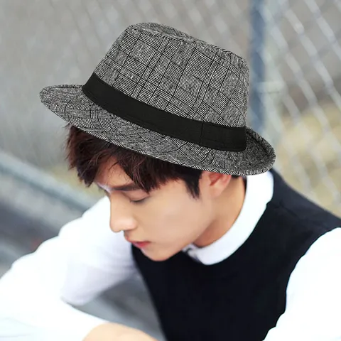 Men British Vintage Plaid Fedora Hat Retro Casual Gentleman Rolled Edge Plaid Jazz Hat For Spring Autumn Winter Sunshade Hat