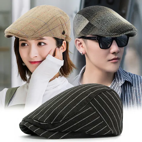 British Retro Plaid Flat Cap For Men Women Vintage Striped Newsboy Beret Adjustable Artist Ivy Hat Casual Autumn Winter Warm Accessory