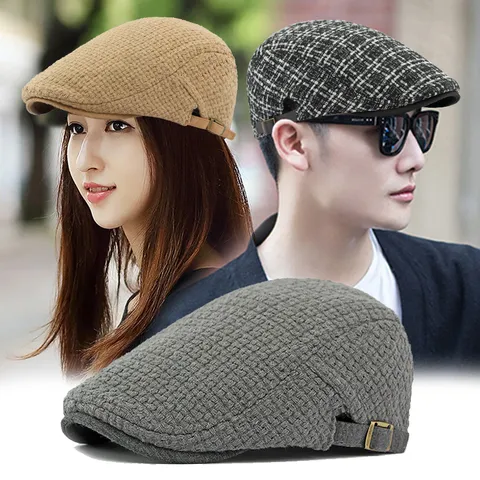 British Vintage Plaid Knitted Beret Hat For Men Women Warm Winter Newsboy Cap Adjustable Artistic Painter Cap Peak Cap