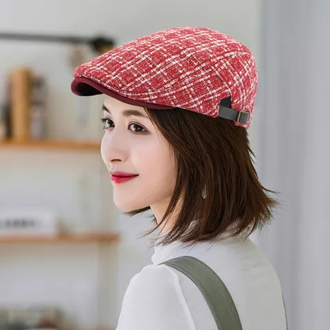 British Vintage Plaid Knitted Beret Hat For Men Women Warm Winter Newsboy Cap Adjustable Artistic Painter Cap Peak Cap