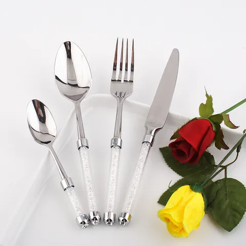 Luxus 304 Edelstahl Besteckset Mit Kristallgefülltem Griff Spiegelpoliert Gabel Löffel Messer Hochzeit Party Geschirr