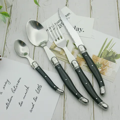 Service de Couverts Laguiole en Acier Inoxydable Manche en Plastique Noir Couteau à Steak Fourchette Cuillère Poli Miroir Vaisselle Occidentale