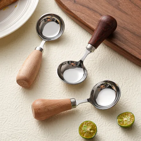 Cuchara de Acero Inoxidable 316 de Estilo Japonés Con Mango de Madera Pulido a Espejo Fondo Redondo Cuchara de Sopa para Niños Vajilla de Cocina Portátil