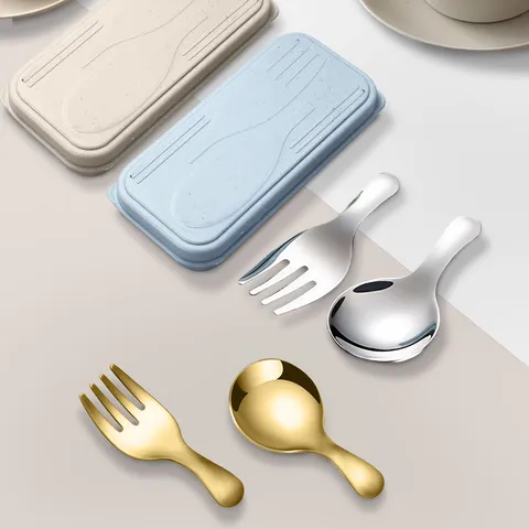Ensemble Cuillère Et Fourchette En Acier Inoxydable Pour Enfants Portable Mini Couverts Avec Étui Pour École Voyage